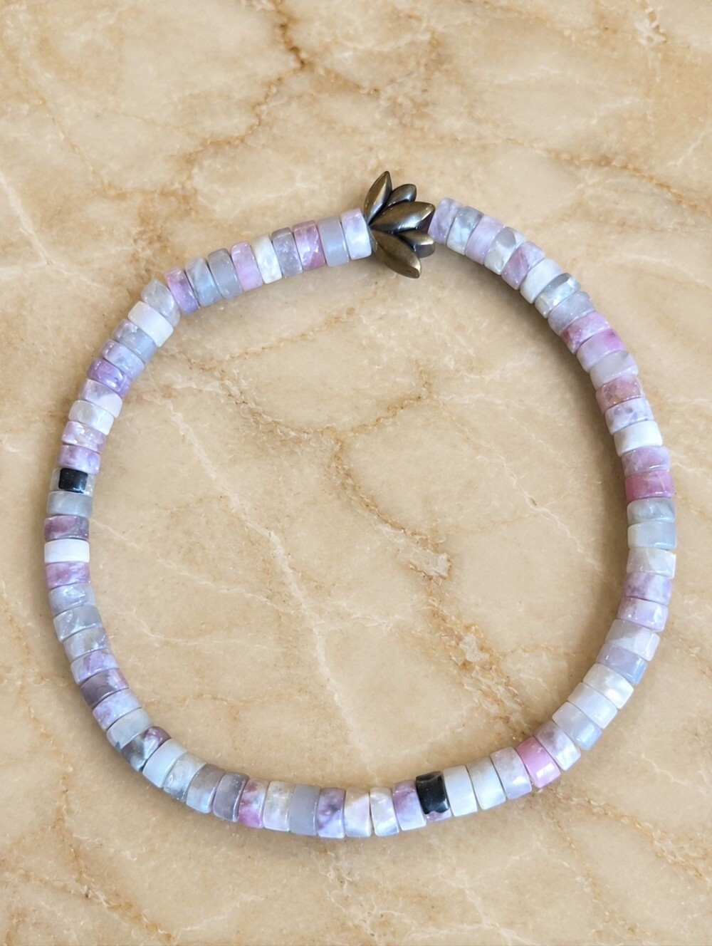 Tourmaline & Lepidolite Beaded Stretch Bracelet with Lotus Accent | Handmade